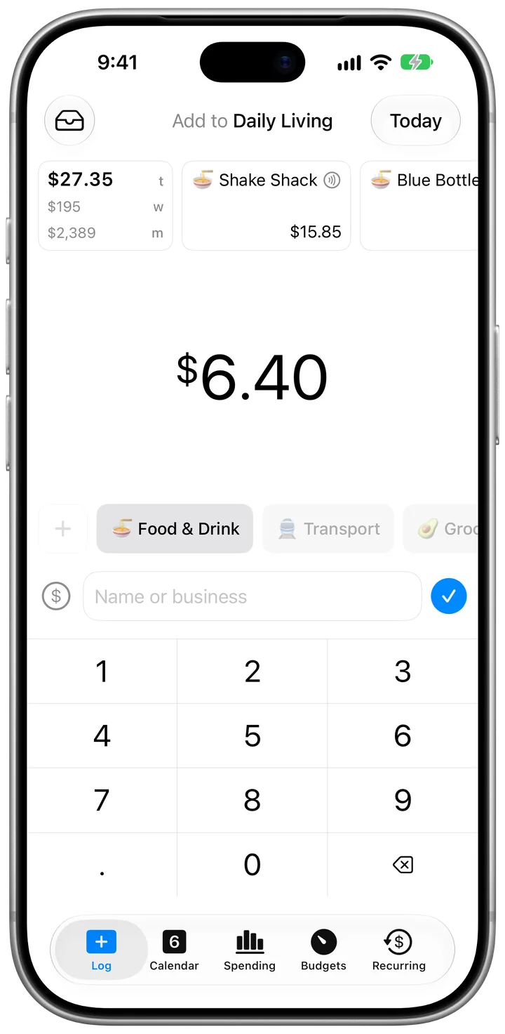 CashJot's Log tab with $6.40 entered and Food & Drink selected