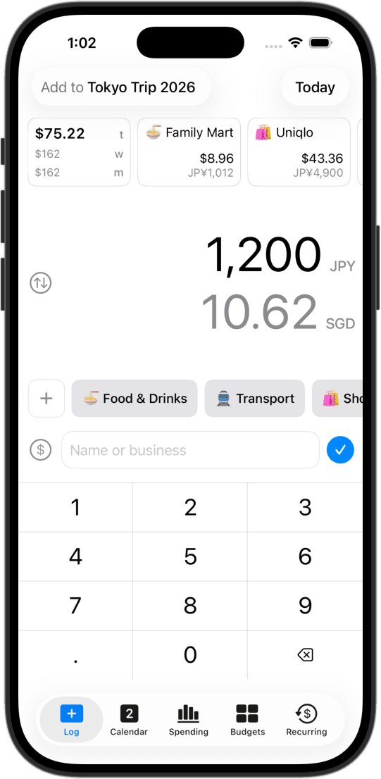 多通貨の合計を表示する旅行用の支出グループのCashJotアプリ