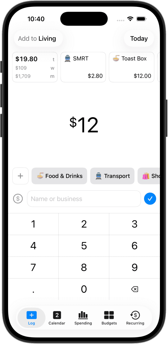 CashJot opening directly to the quick-log form