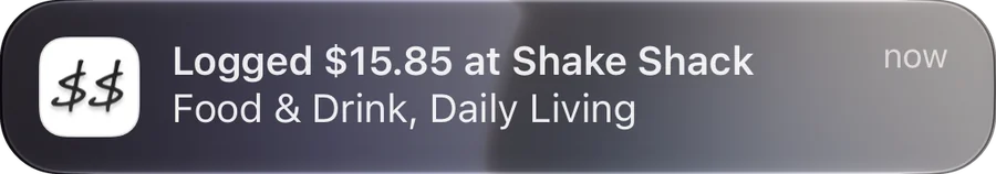 Notification: Logged $15.85 at Shake Shack, Food & Drink, Daily Living