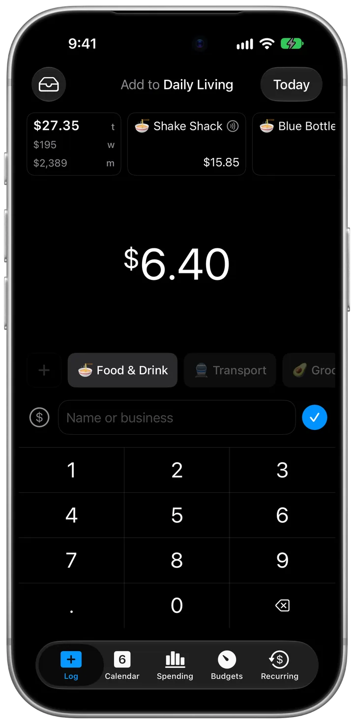 CashJot's Log tab with $6.40 entered and Food & Drink selected