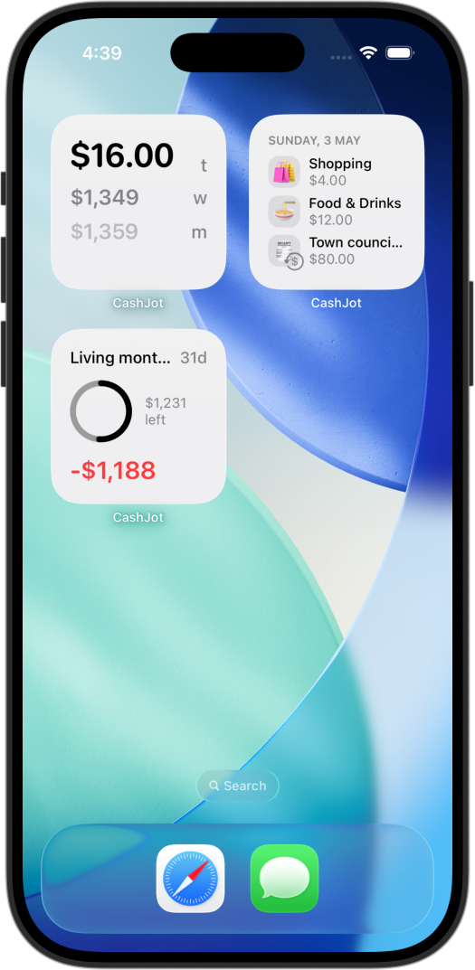 CashJot spending and budget widgets on an iPhone home screen