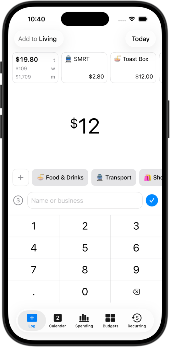 CashJot quick logging interface on iPhone