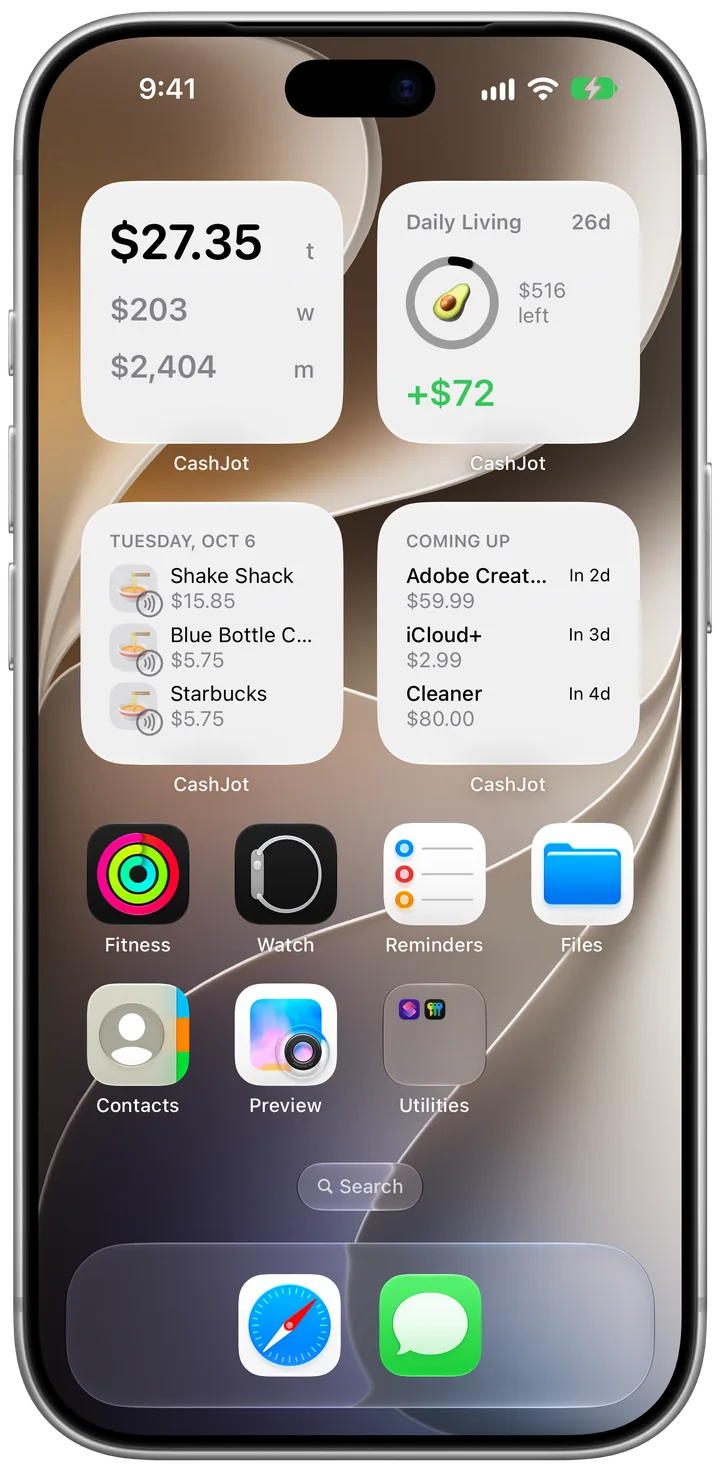 CashJot widgets on an iPhone home screen: $27.35 spent today, a Daily Living budget with $516 left, today's expenses captured with Apple Pay, and upcoming bills